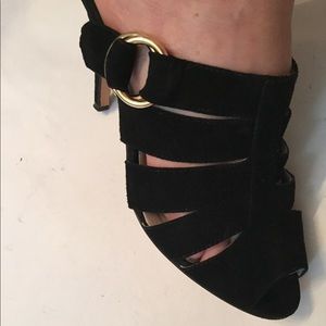 JOSEPHINE SHOES HEELS BLACK SUEDE LEATHER STRAPPY ITALY OPEN BACK Size 39.5 9